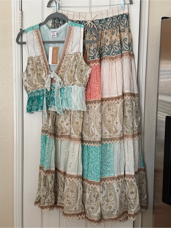 Ananta Dresses & Skirts - Boho Tiered Skirt Set in Teal, Coral , Cream, Tan paisley adjustable S-XL